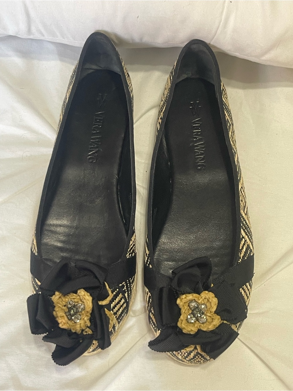 Vera Wang Black and Tan Patterned Ballet Flats with Bow Flower Accent